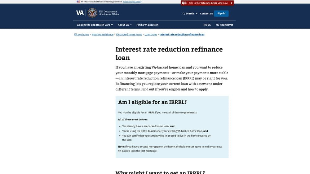 Screenshot of VA Interest Rate Reduction Refinance Loan (IRRRL) website