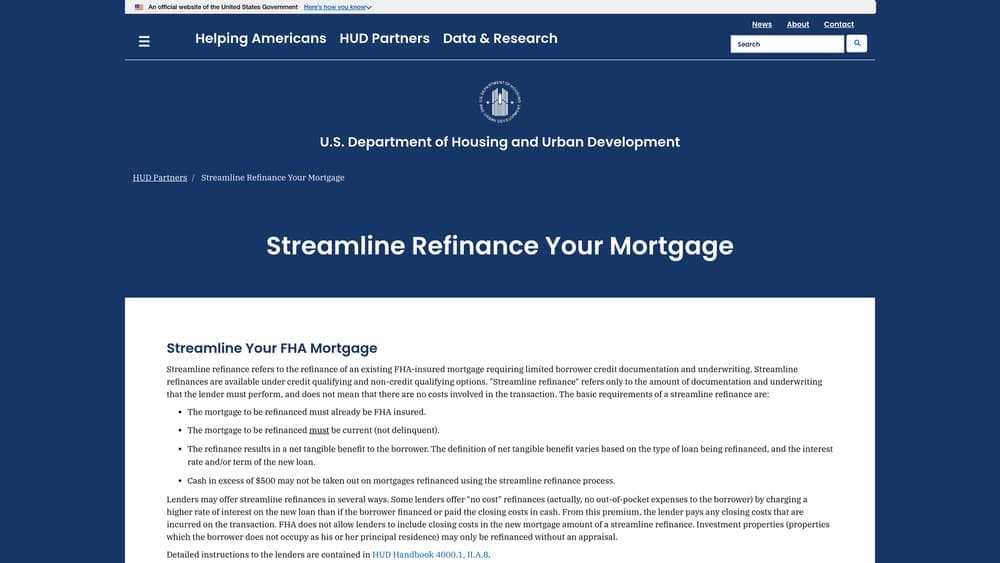Screenshot of FHA Streamline Refinance website